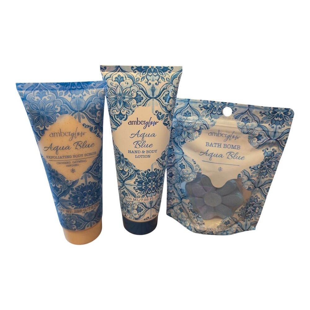 Amber glow Aqua Blue Set Body Scrub, Body Lotion & Bath Bomb Coastal Chic New
